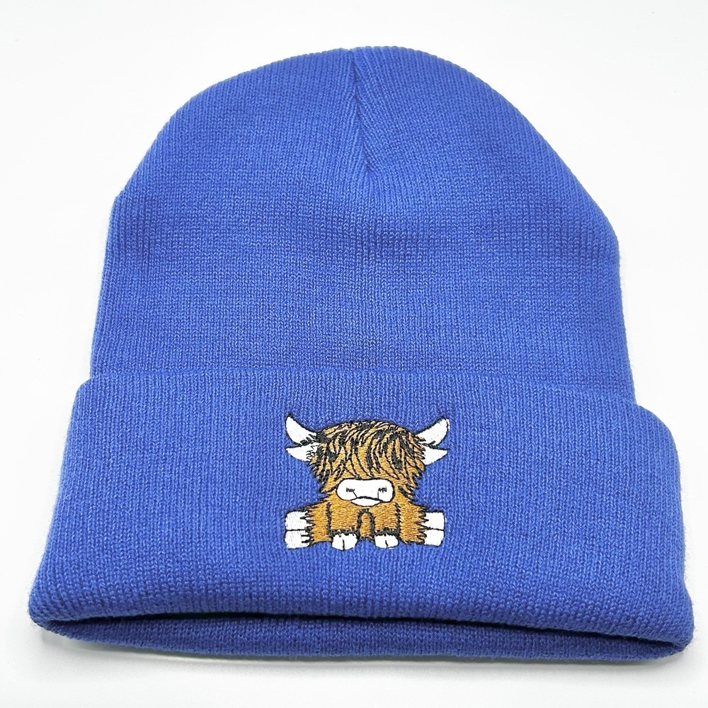 Highland Cow Cattle Cartoon Animal Beanie Hat Cap Knit Cuff Blue Outdoors